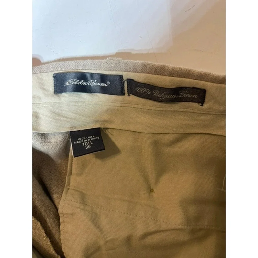 Eddie Bauer Mens 36 Tall Belgian Linen Pleated Trousers Tan Khaki Dress Pants